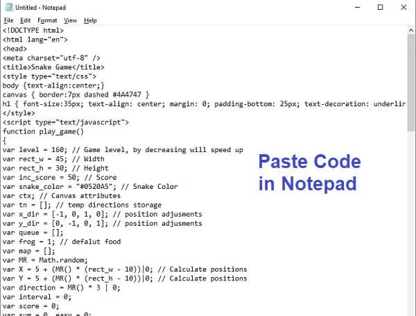 paste code in notepad