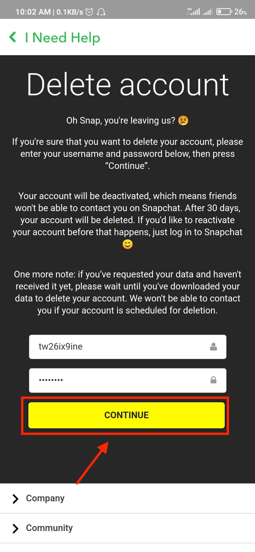 click on continue to delete snapchat account
