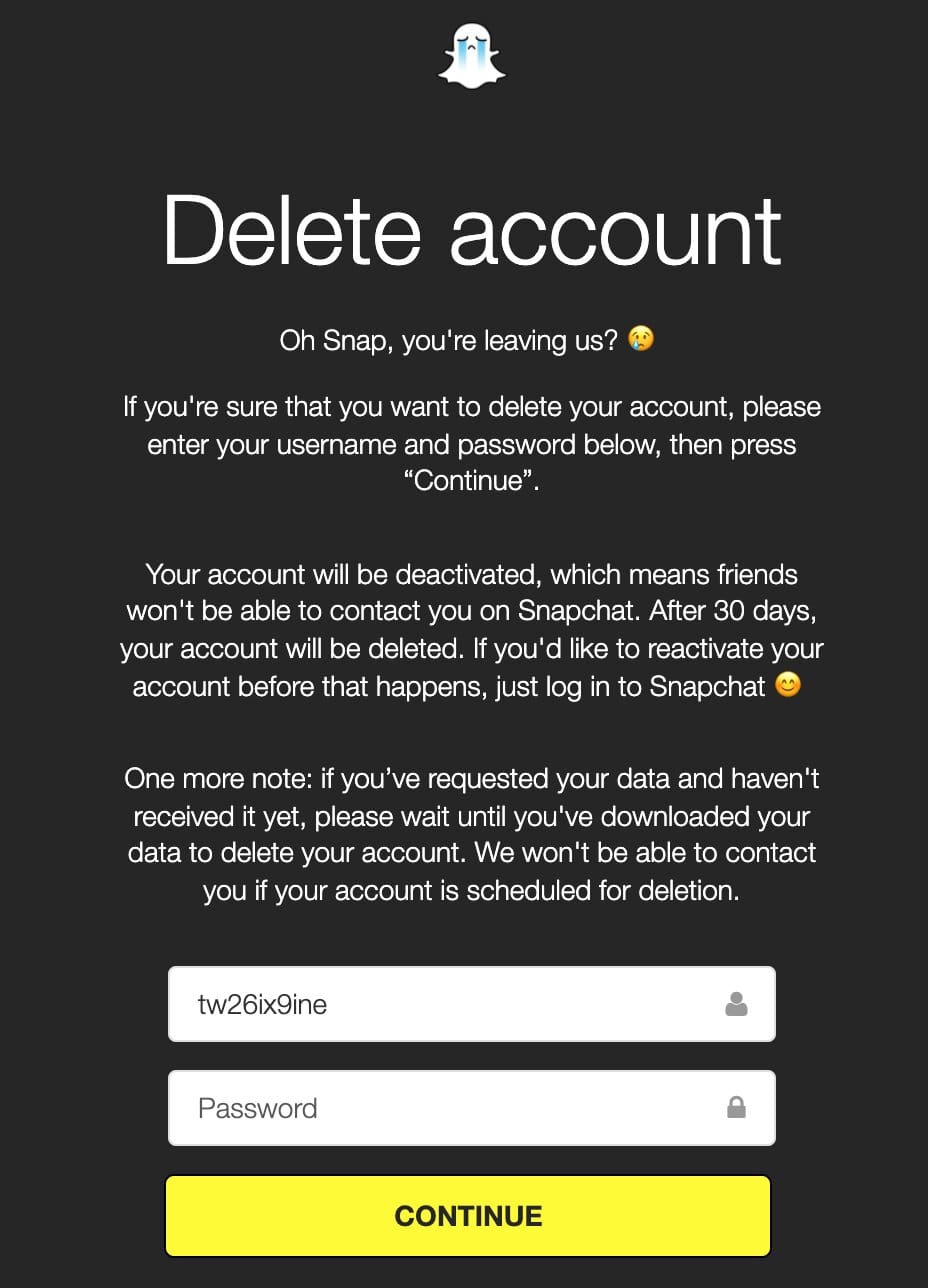 delete snapchat account on account portal