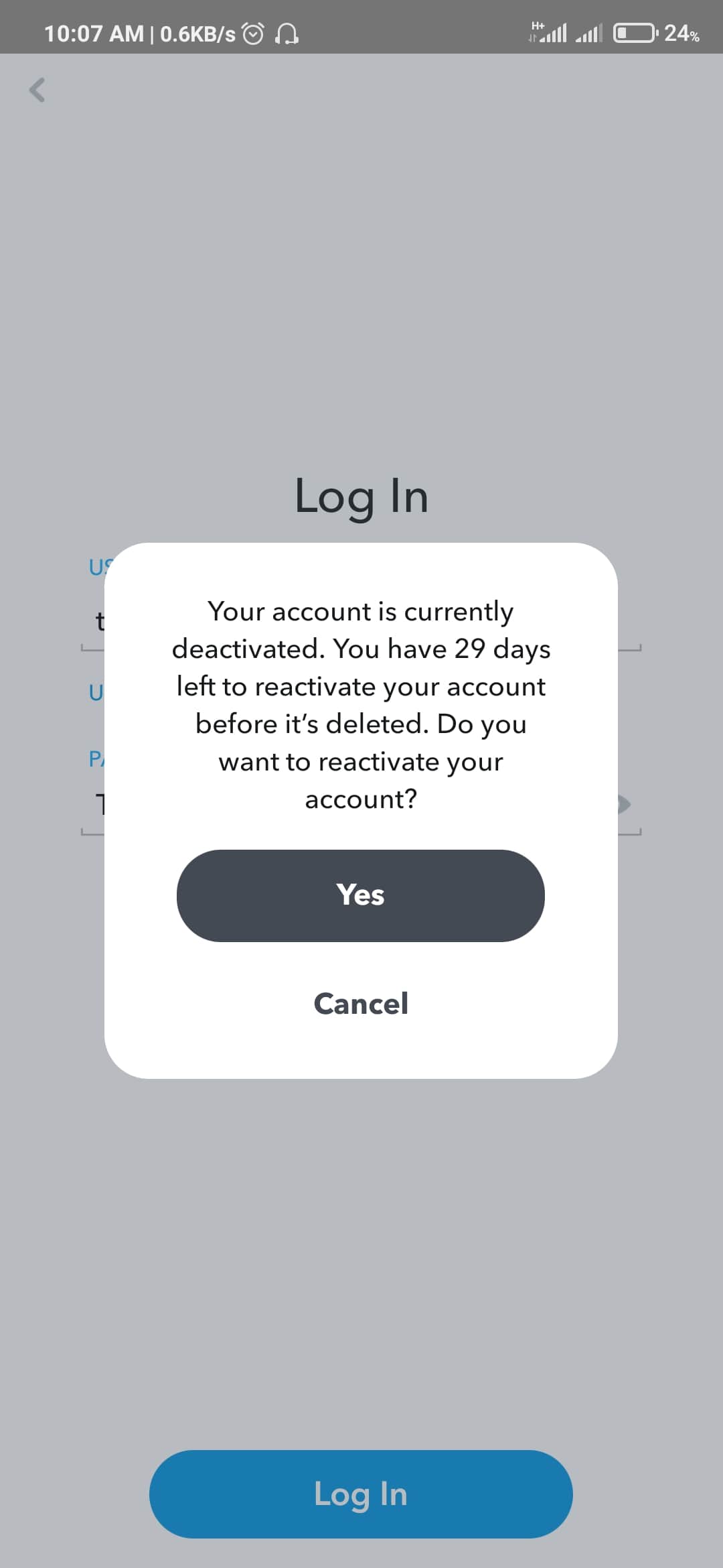 reactivate snapchat account prompt