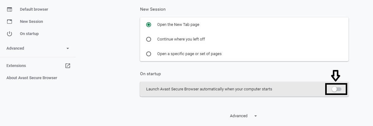 prevent avast browser from opening on startup