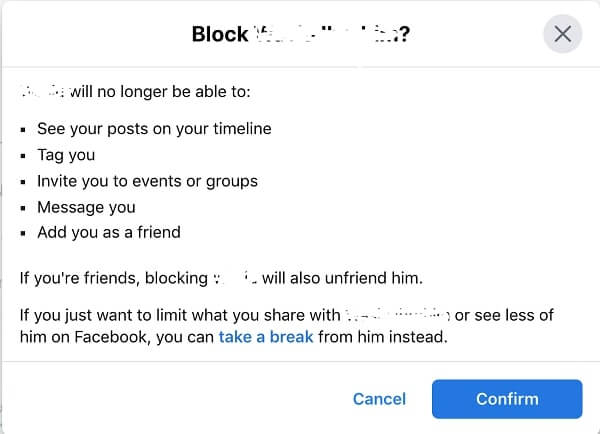 confirm block friend on Facebook