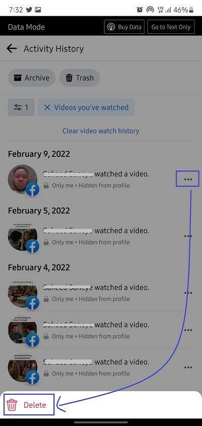 delete specific watched facebook video in app
