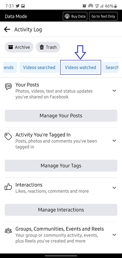 click on videos watched on facebook app tag