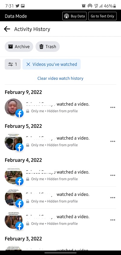 facebook watch history shown