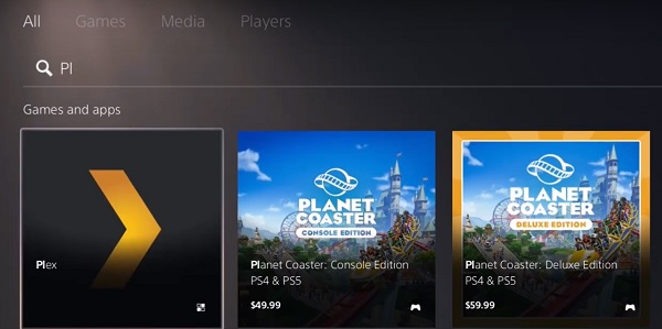 search for plex on ps5 media server