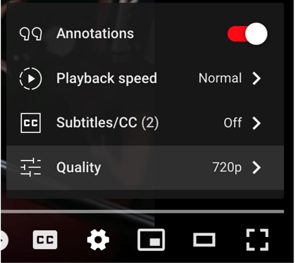 YouTube video playback quality settings