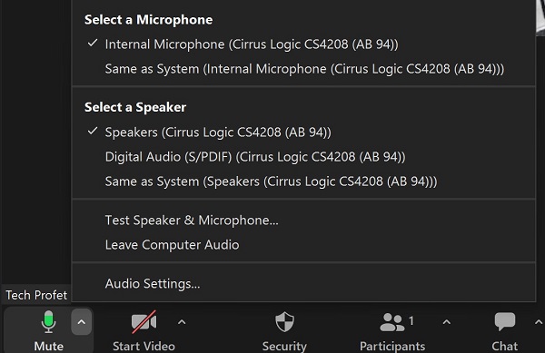 select speaker and microphone for Zoom