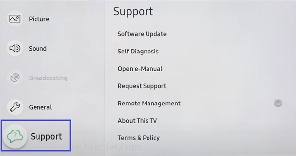 click on support tab on Samsung TV