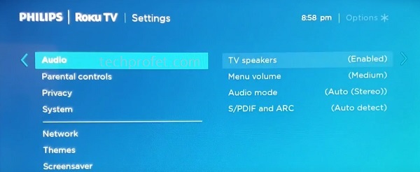 go to Philips Roku TV audio settings