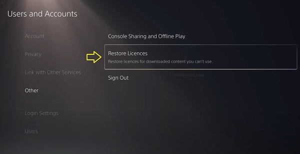 restore licenses for PS5 contents
