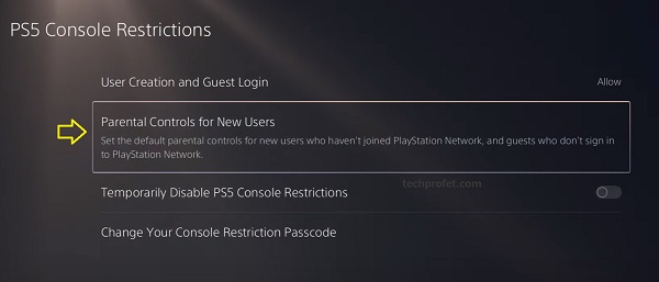 select parental controls for new users