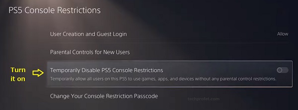 temporarily disable parental restrictions on PS5