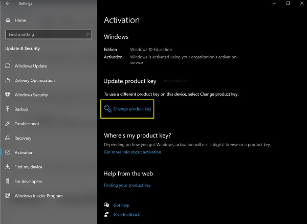 click on change product key on Windows 10