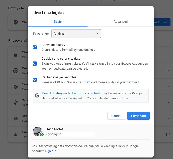 clear browsing data on chrome
