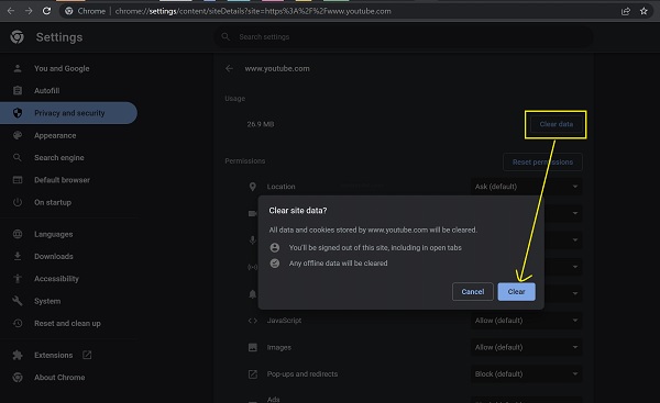 clear YouTube site data