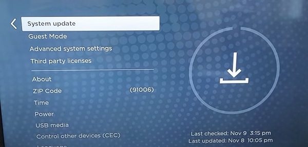 click on system update on Philips Roku TV