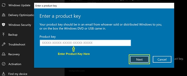 enter product key for Windows 10