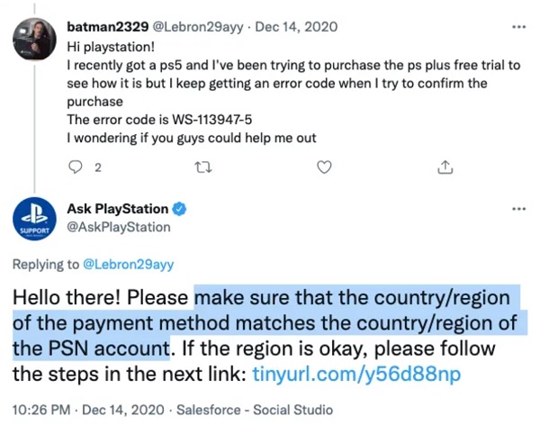 make sure PSN account address matches payment method