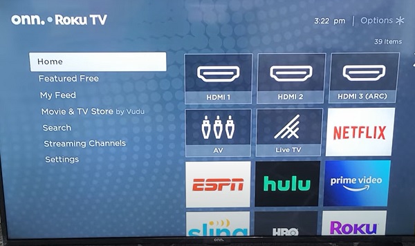 Onn Roku TV home dashboard