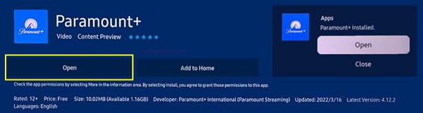 open Paramount plus app on Samsung TV
