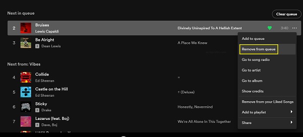 remove individual song from queue in Spotify desktop app