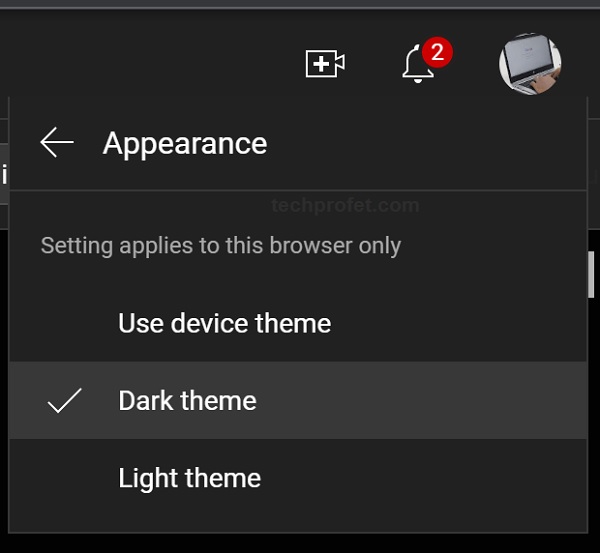 set dark theme on YouTube appearance settings