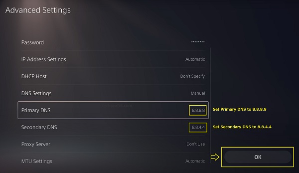 set primary and secondary DNS on PS5 console