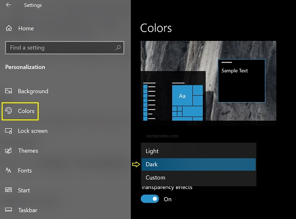 set Windows color mode to dark