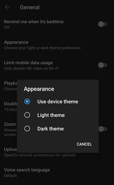 set YouTube appearance to device theme