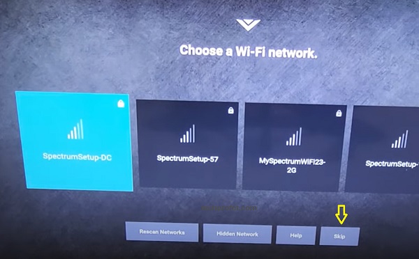 skip Wi-Fi network and continue setup on Vizio SmartCast TV