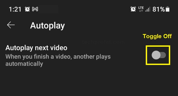 toggle off YouTube autoplay on mobile