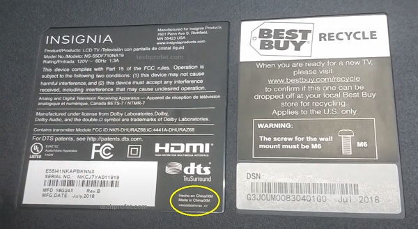 Best Buy's Insignia TV made in china label