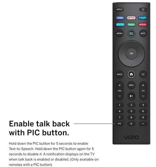enable or disable talk back with PIC button on Vizio remote