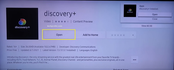 open Discovery Plus app on Samsung smart TV