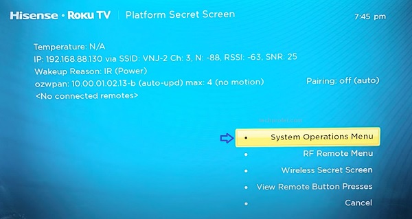 select system operations menu on Hisense Roku TV