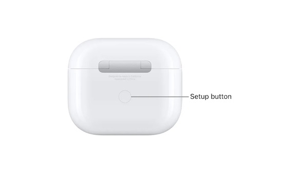 press and hold setup button on airpods charging case to reset