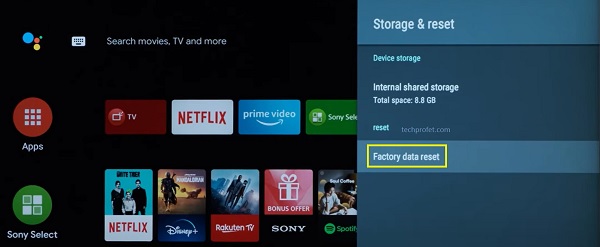 Select factory data reset on Sony TV