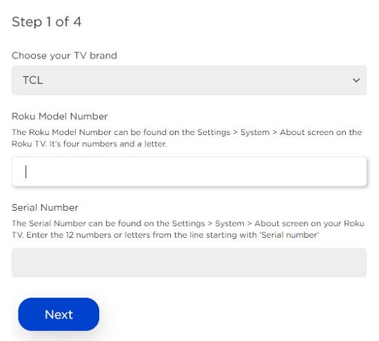 select Roku TV brand and enter model number