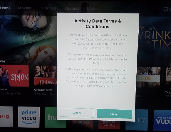 Vizo TV stuck on terms and conditions screen