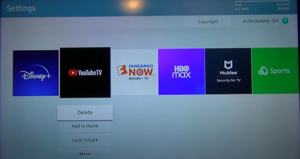 delete and reinstall YouTube TV app on Samsung TV
