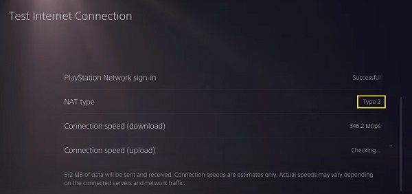 NAT Type 2 on PS5 internet connection test