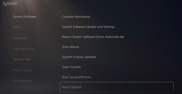 PS5 system reset options
