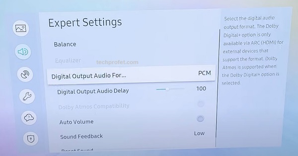 switch digital audio output to PCM on Samsung TV