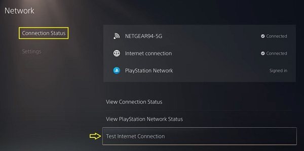 test network connection on PS5 console