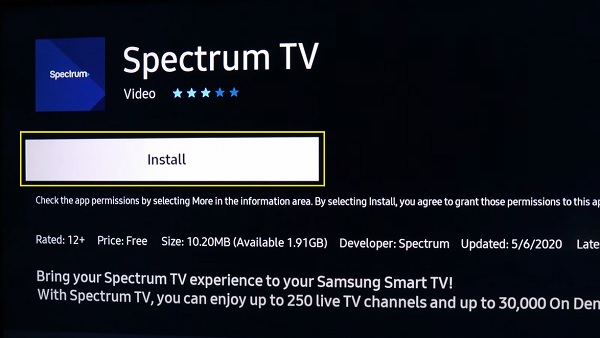 click on install Spectrum TV app on Samsung TV