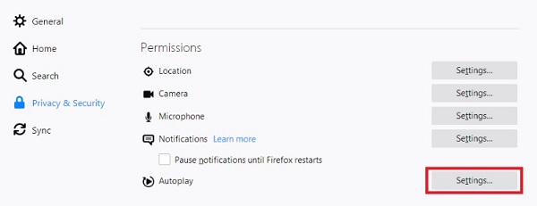 click settings next to autoplay on Firefox