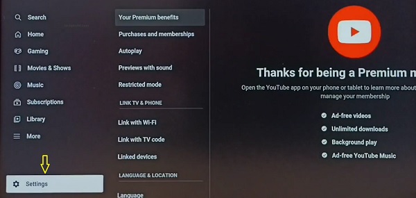 click settings on YouTube app on TV