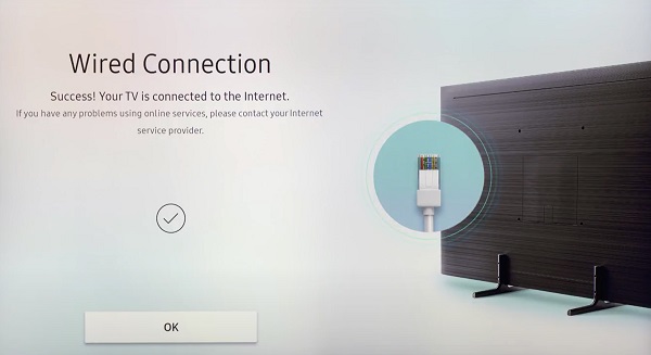 Samsung smart TV connected to internet via wired connection. 