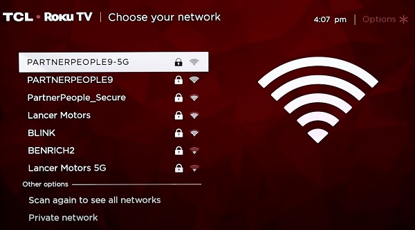 Roku showing available Wi-Fi networks